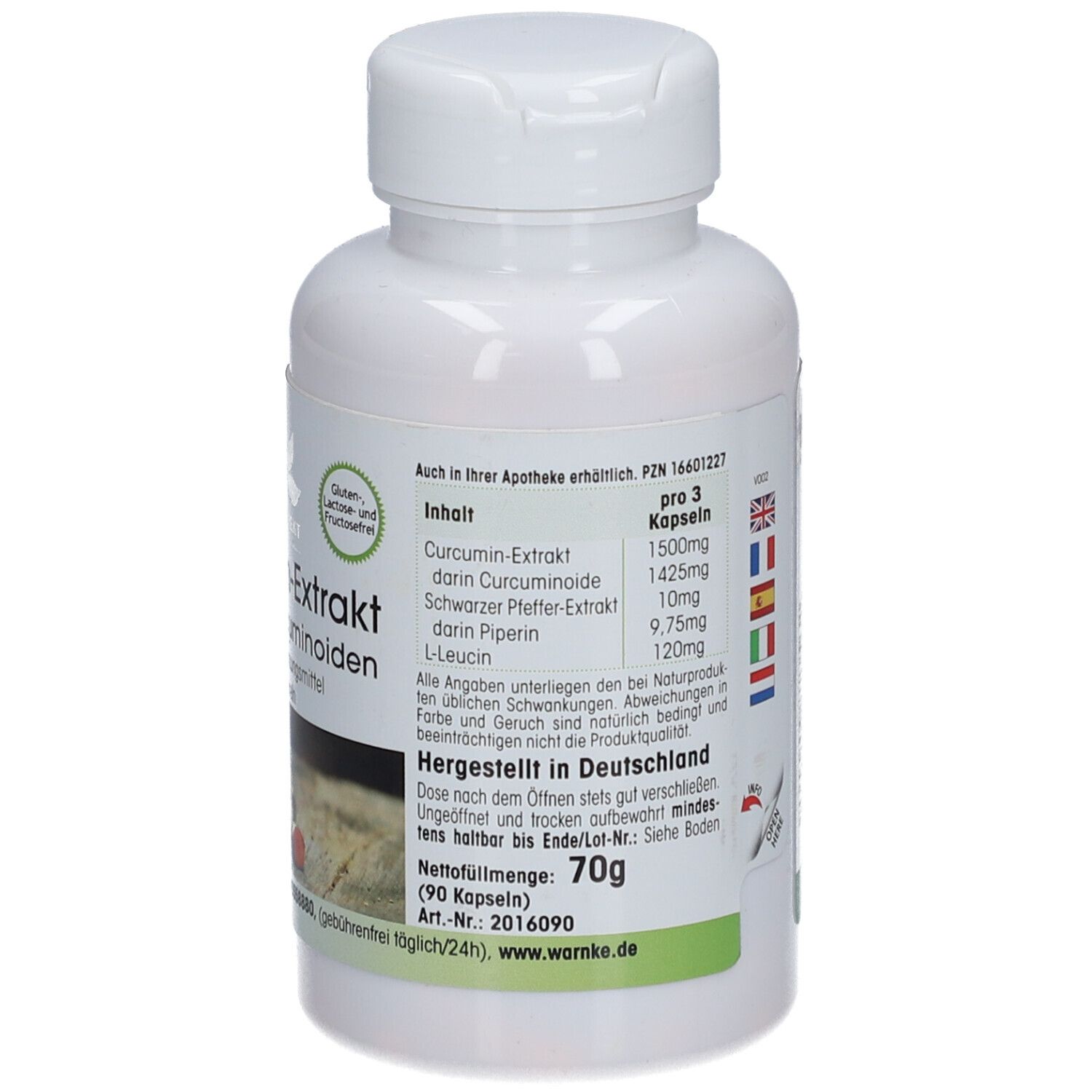 Witte fles met capsules. Opschrift: Curcumin-Extrakt mit 95% Curcuminoiden. 90 capsules. Zegel. Made in Germany.