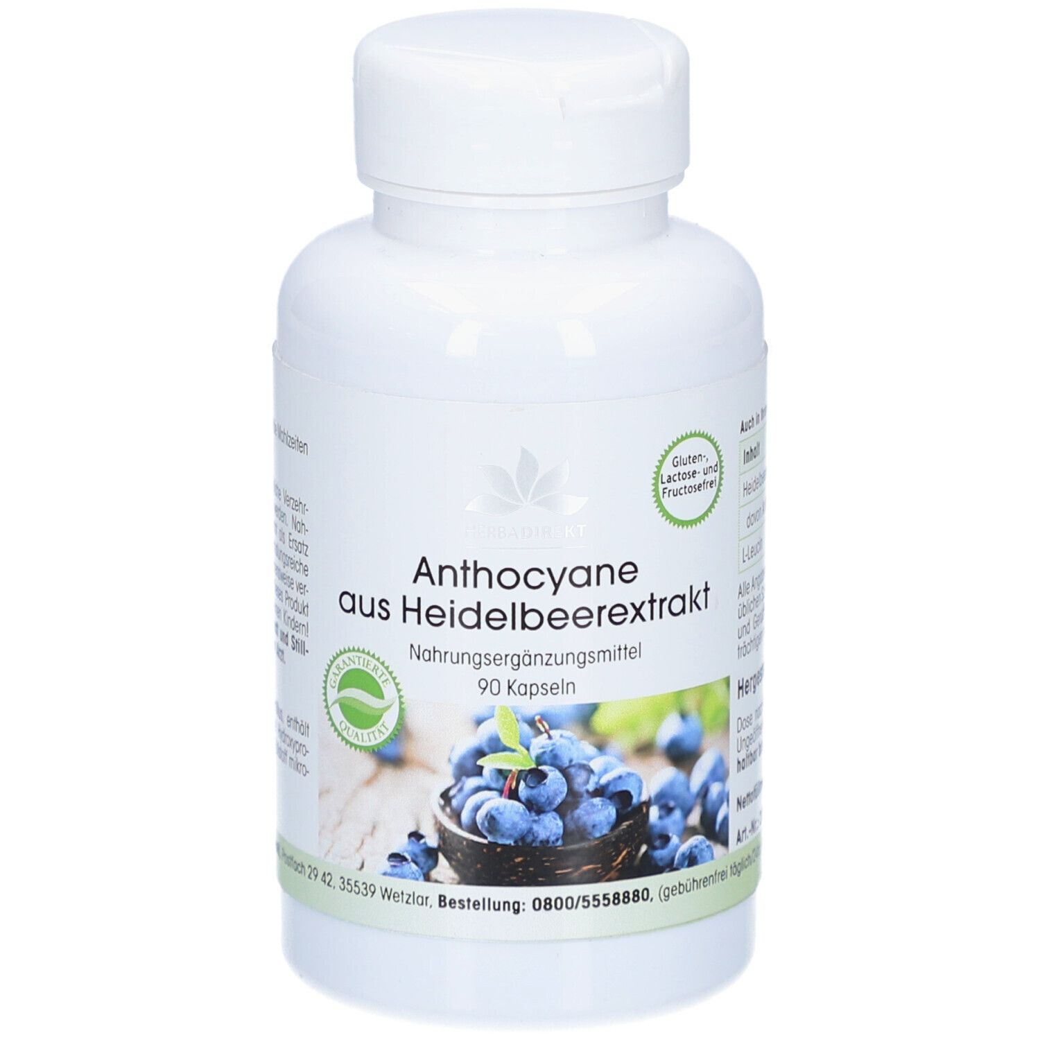 Witte fles met capsules. Opschrift: Anthocyanen uit bosbessenextract. 90 capsules. Afbeelding van bosbessen.