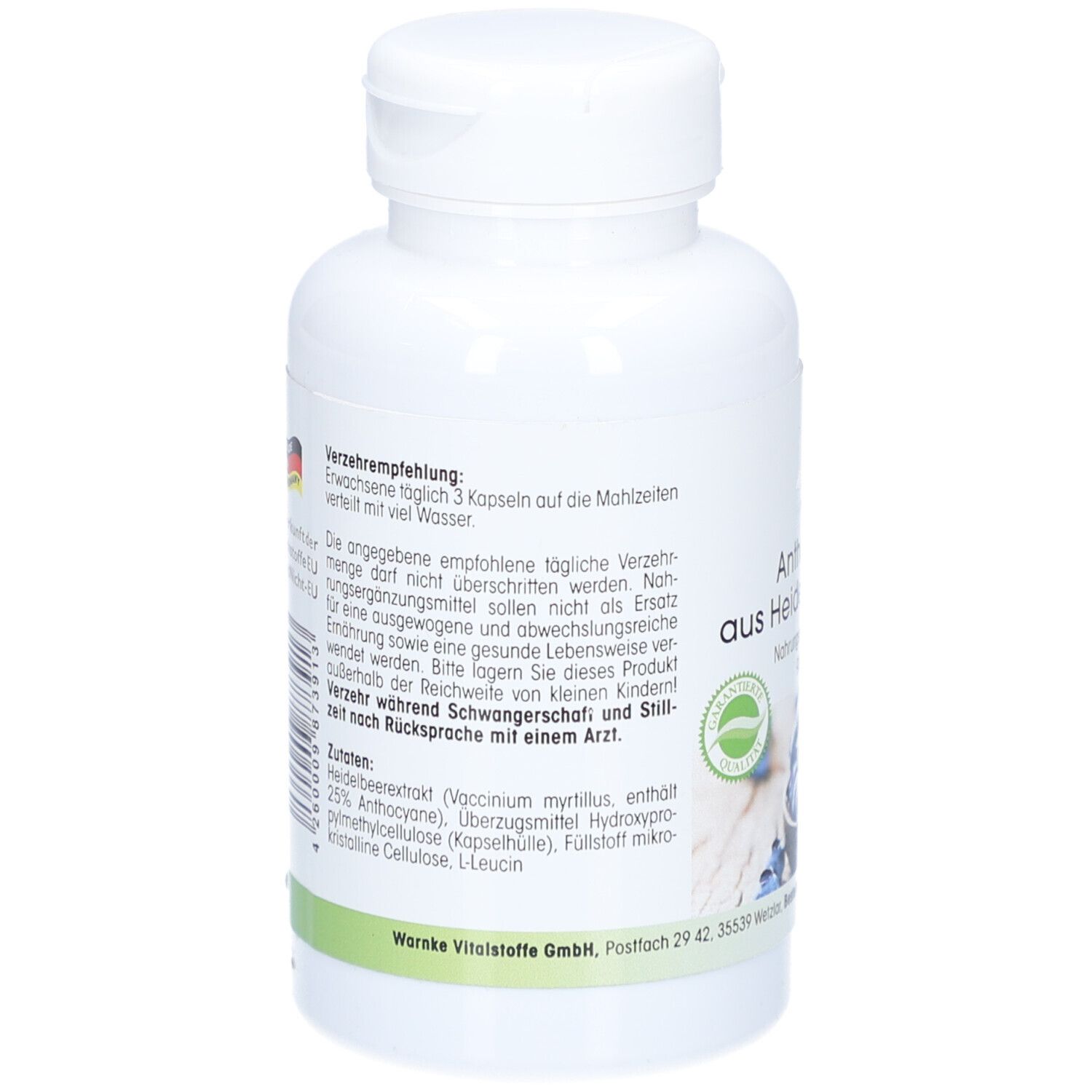 Achterkant van de witte fles met capsules. Tekst: Aanbevelingen voor gebruik, ingrediënten. Met logo en herkomst Duitsland.