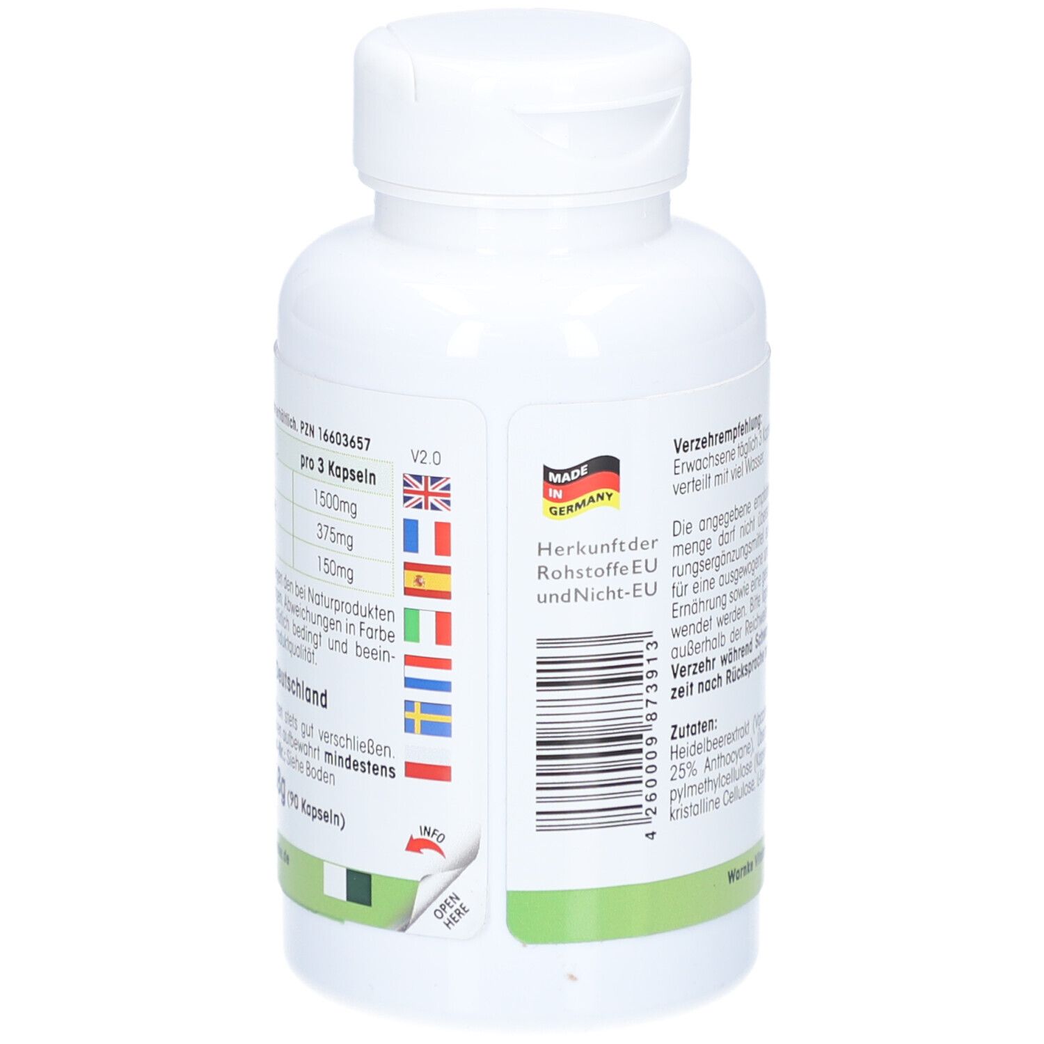 Achterkant van de witte fles met capsules. Tekst: Voedingswaarde-informatie, herkomst Duitsland. Met barcode.