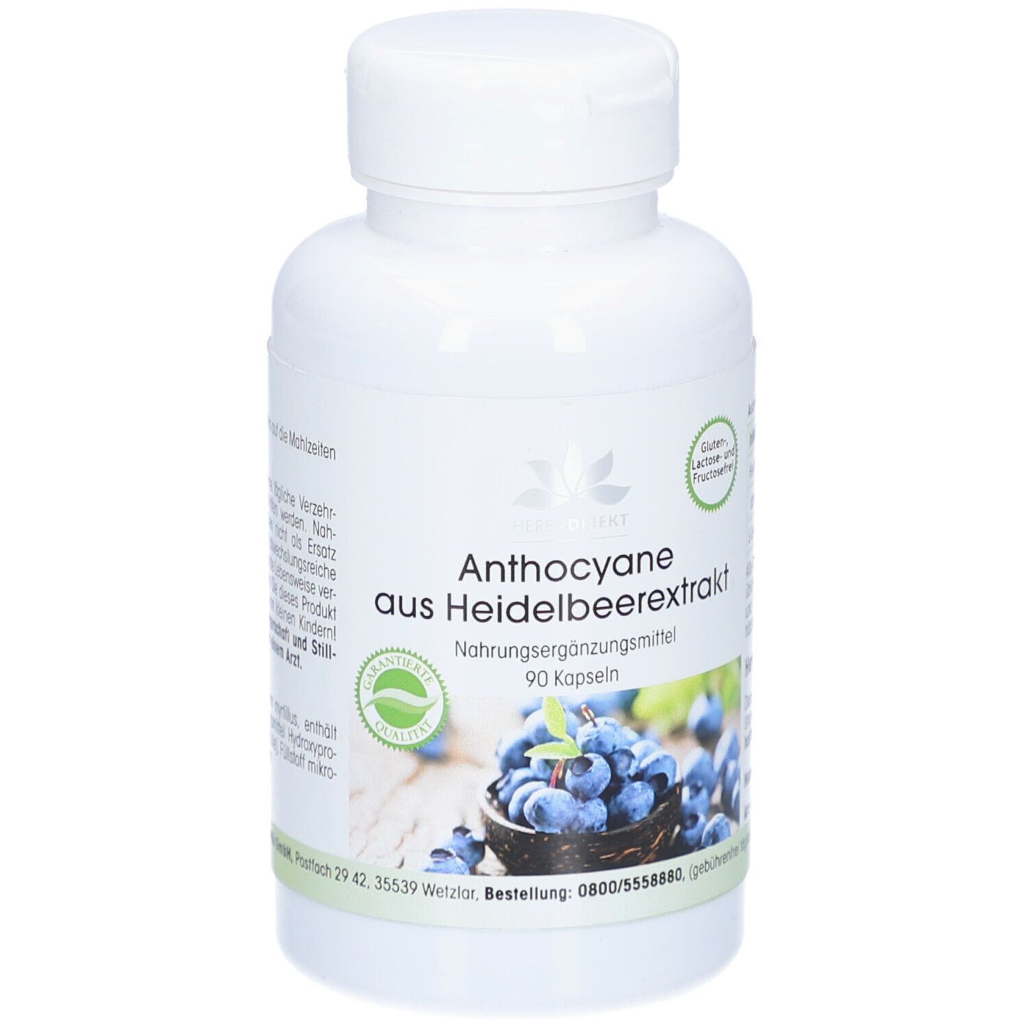 Witte fles met capsules. Opschrift: Anthocyanen uit bosbessenextract. 90 capsules. Afbeelding van bosbessen.