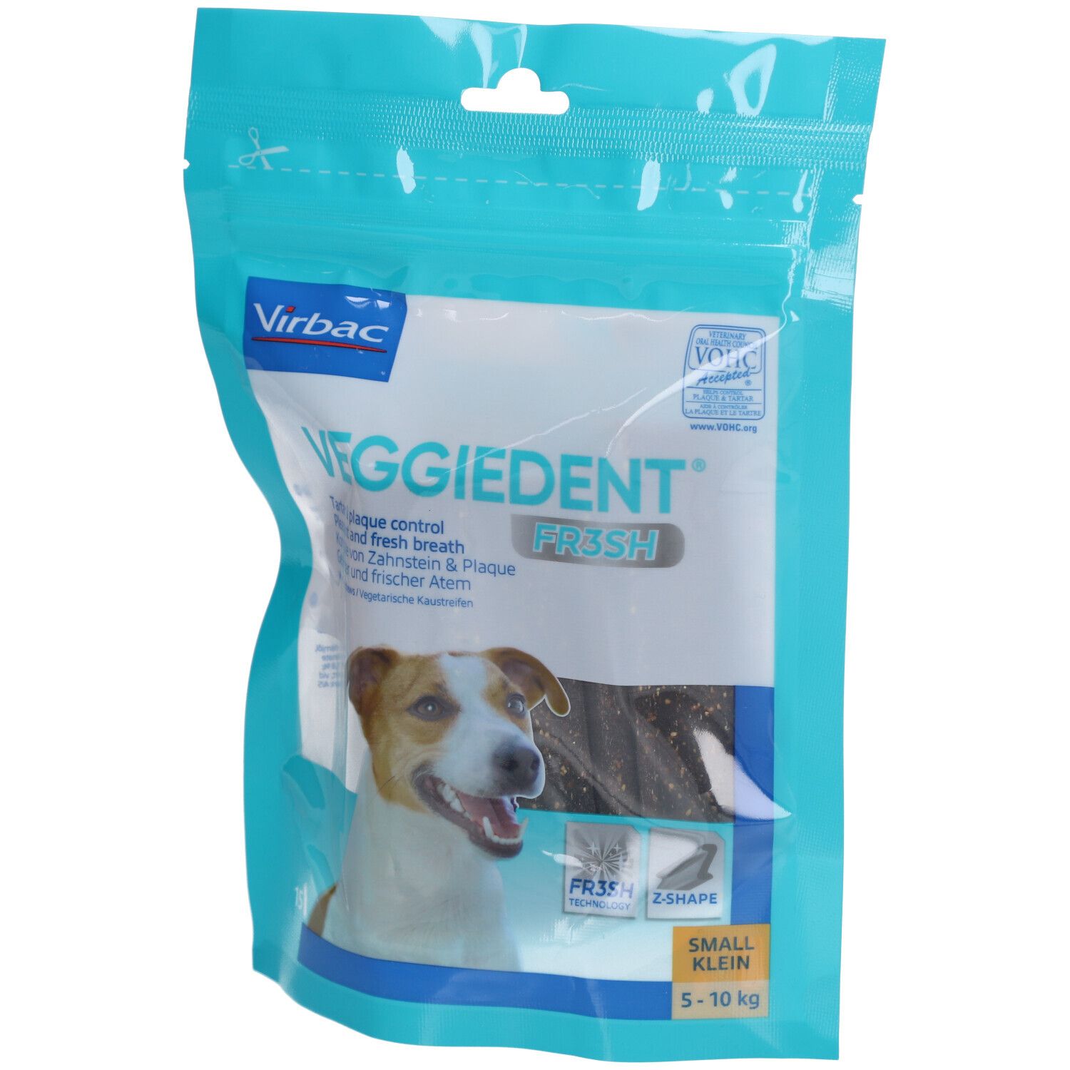 Emballage de Virbac VeggieDent Fre3sh XS. Friandises à mâcher en forme de Z pour chiens. Inscription : contrôle de la plaque, haleine fraîche.