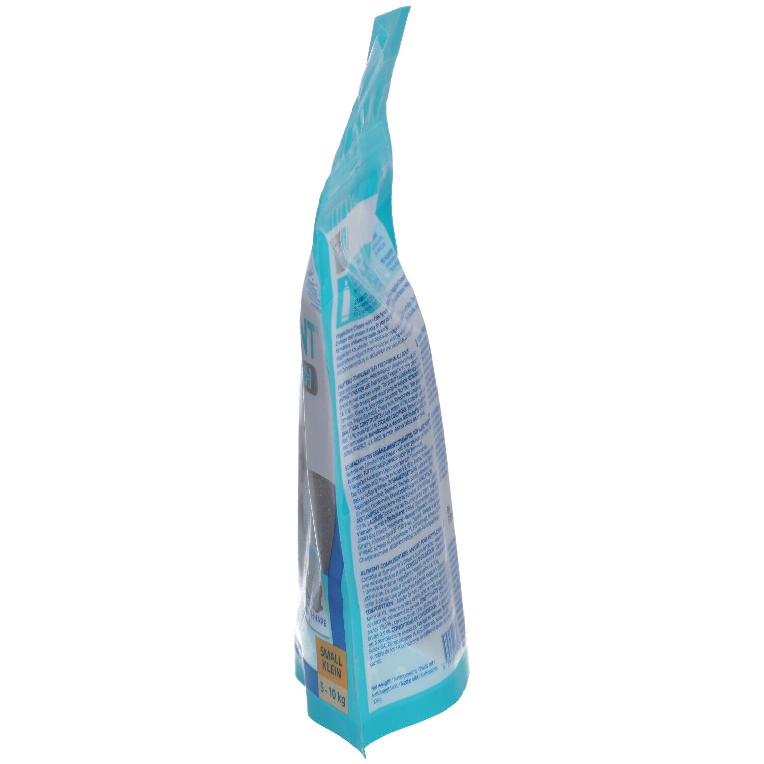 Vue latérale de l'emballage Virbac VeggieDent Fre3sh XS. Sachet bleu transparent avec informations sur le produit.