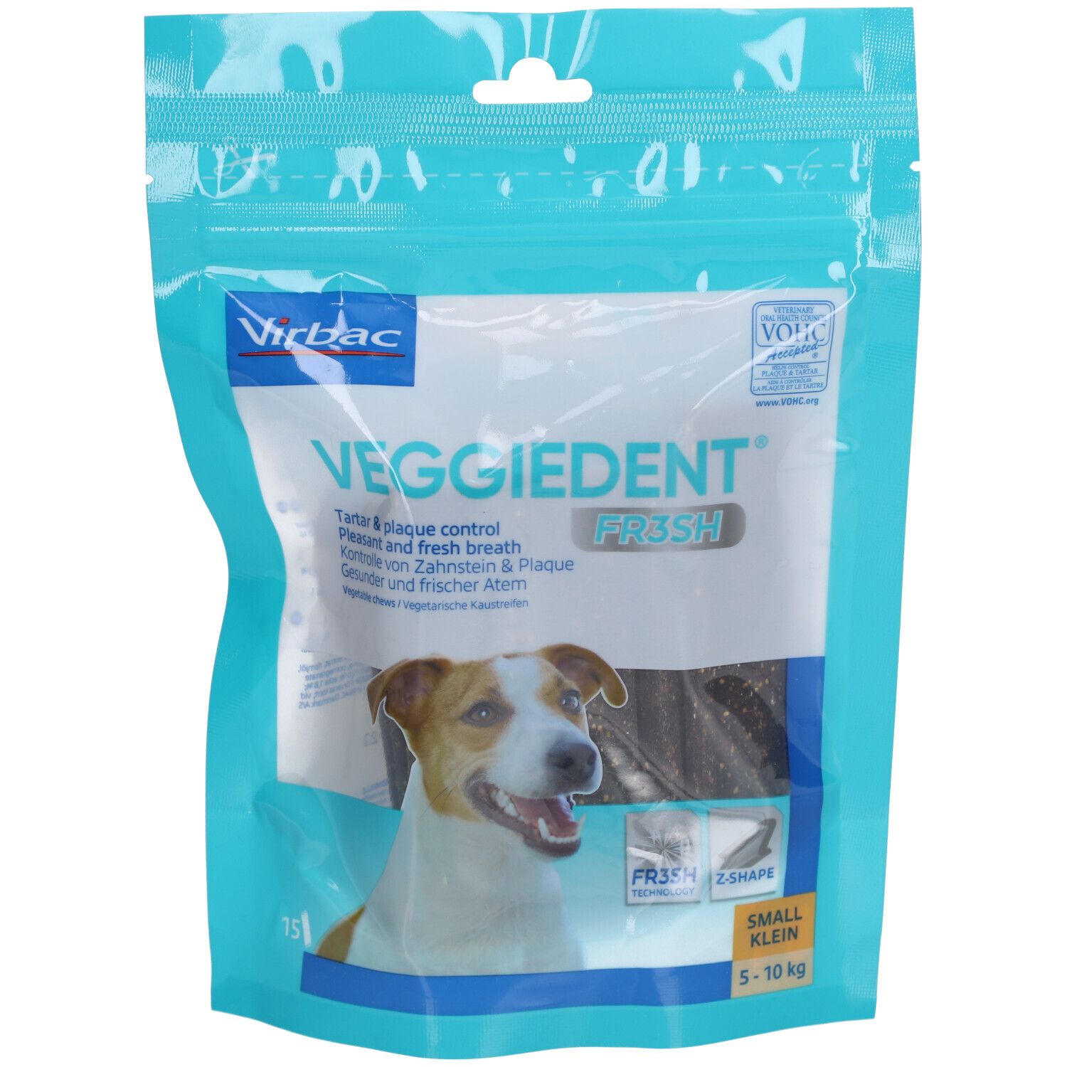 Emballage de Virbac VeggieDent Fre3sh XS. Friandises à mâcher en forme de Z pour chiens. Inscription : contrôle de la plaque, haleine fraîche.