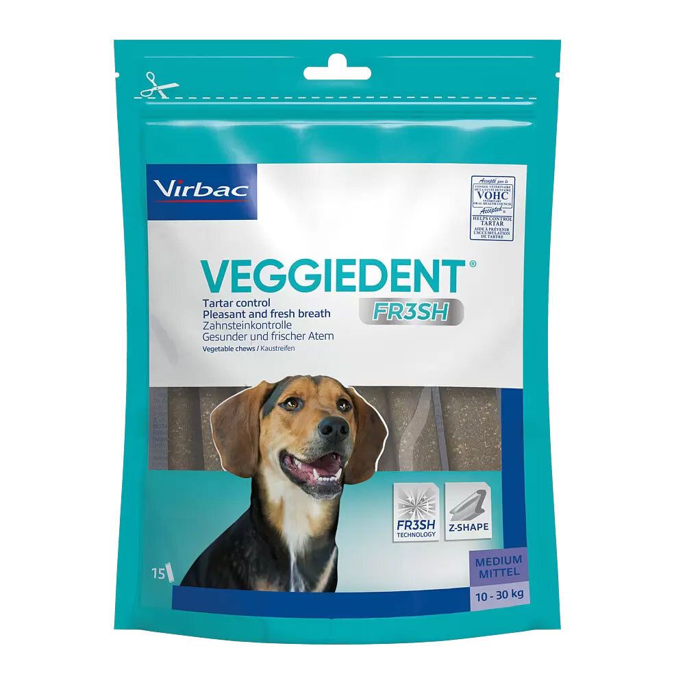 Emballage de Virbac VEGGIEDENT® FR3SH. Sachet de friandises à mâcher pour chiens. Contient 15 pièces. Inscription : "Tartar control".