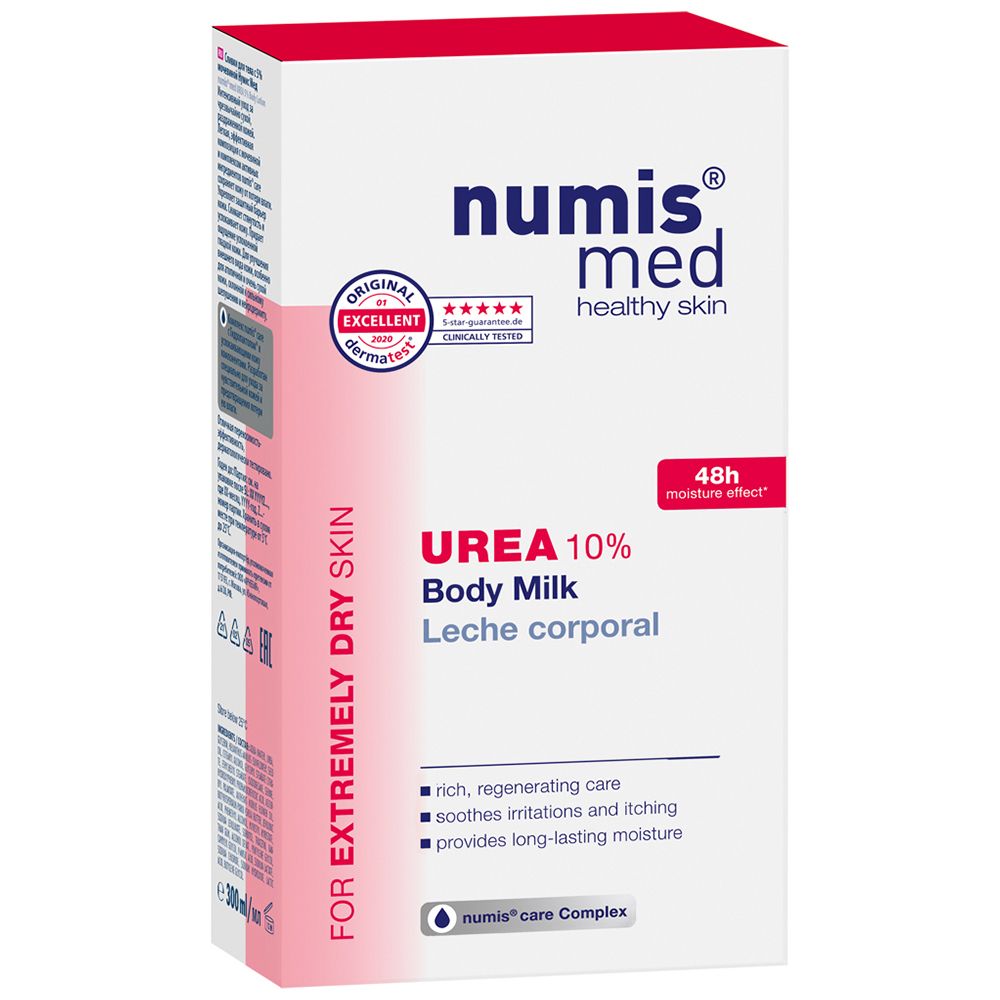 Doos met opschrift: numis med UREA 10% Body Milk. Dermatologisch getest. Voor extreem droge huid.