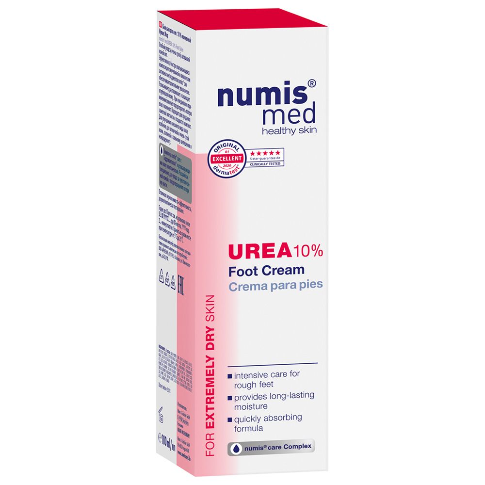 Verpakking van de voetcrème. Opschrift: numis med UREA 10% Fußcreme. Voor extreem droge huid. Met ingrediënten.