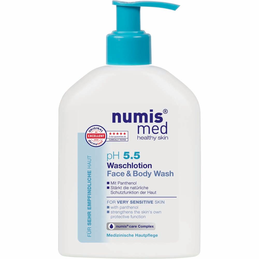 Flacon blanc avec pompe bleue. Inscription: numis med pH 5,5 Waschlotion Face & Body Wash. Pour peau très sensible.