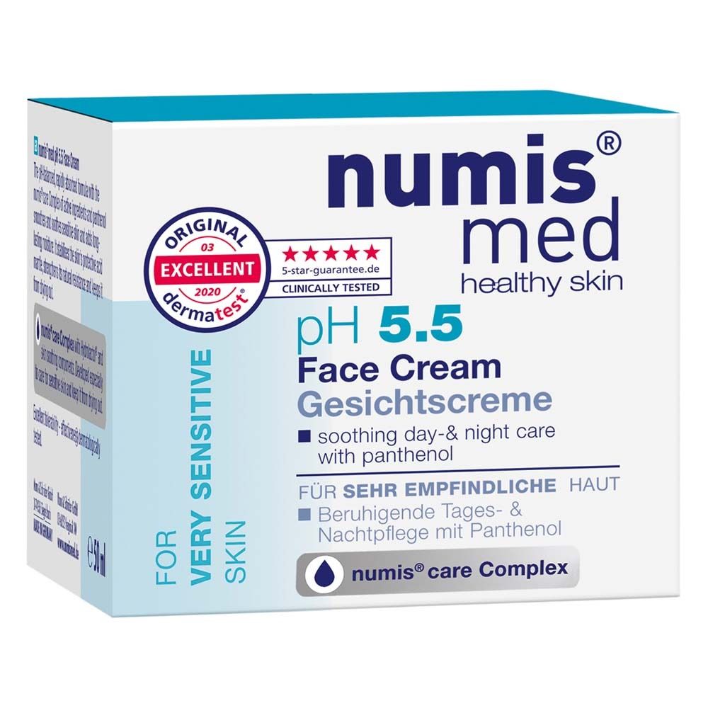 numis® med pH 5,5 Gezichtscrème in verpakking. Witte doos met blauwe deksel. Opschriften: pH 5.5, Gezichtscrème, dermatest® zegel.