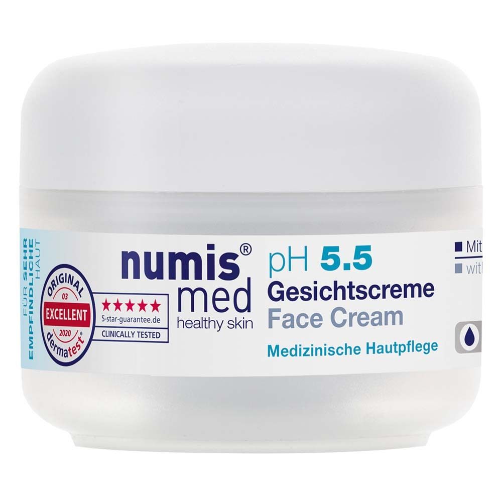 numis® med pH 5,5 Gezichtscrème pot. Witte pot met witte deksel. Opschriften: pH 5.5, Gezichtscrème, dermatest® zegel.