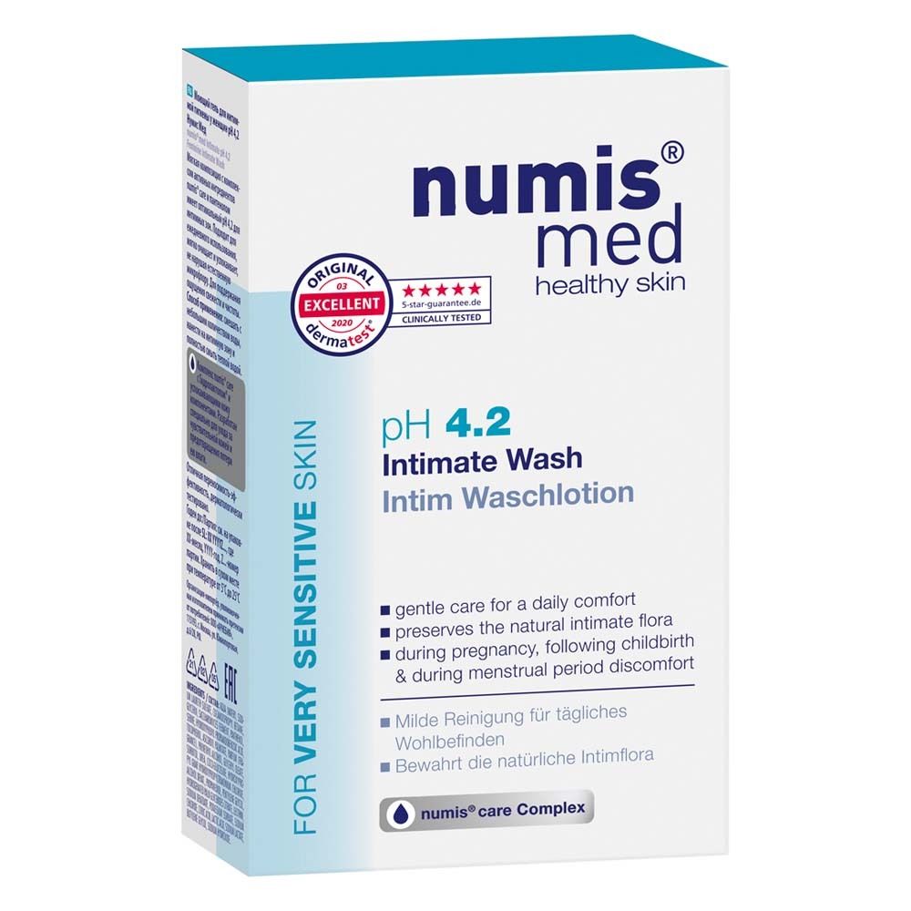 Numis med pH 4.2 Intim Wash boîte en carton avec informations produit et sceaux.