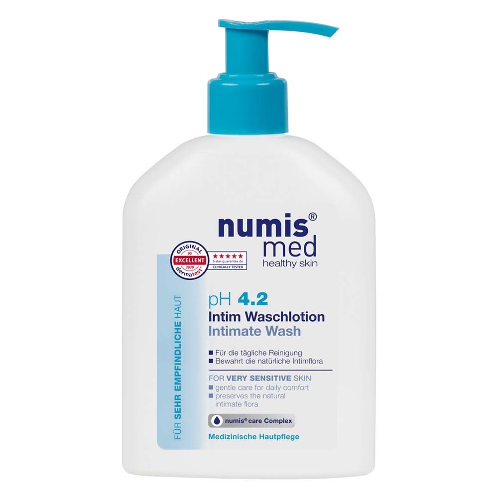 Numis med pH 4.2 Intim Wash flacon pompe. Flacon blanc avec des éléments bleus.