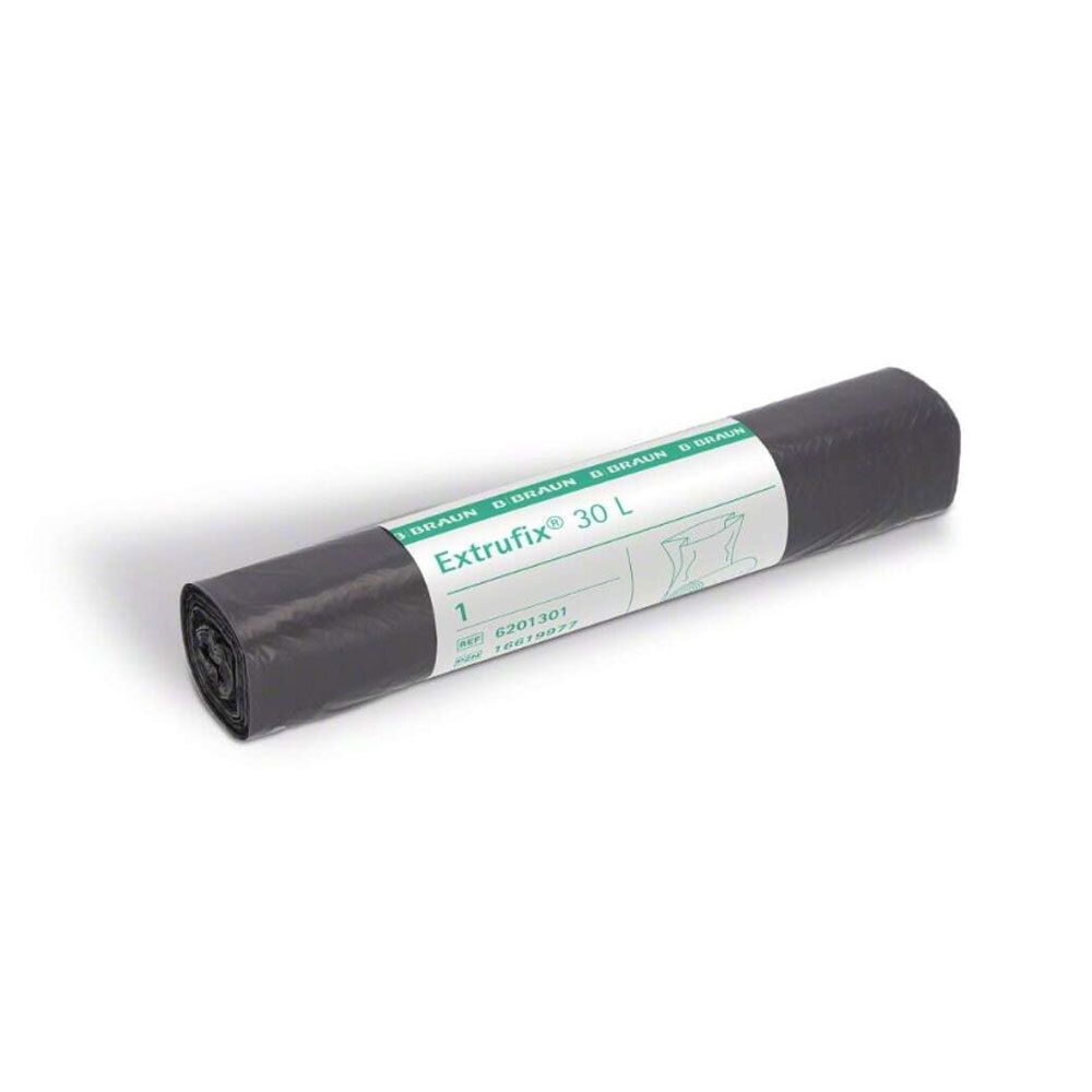 Extrudix® afvalzakken 15 L. Rol grijze zakken. Wit etiket met productinformatie.