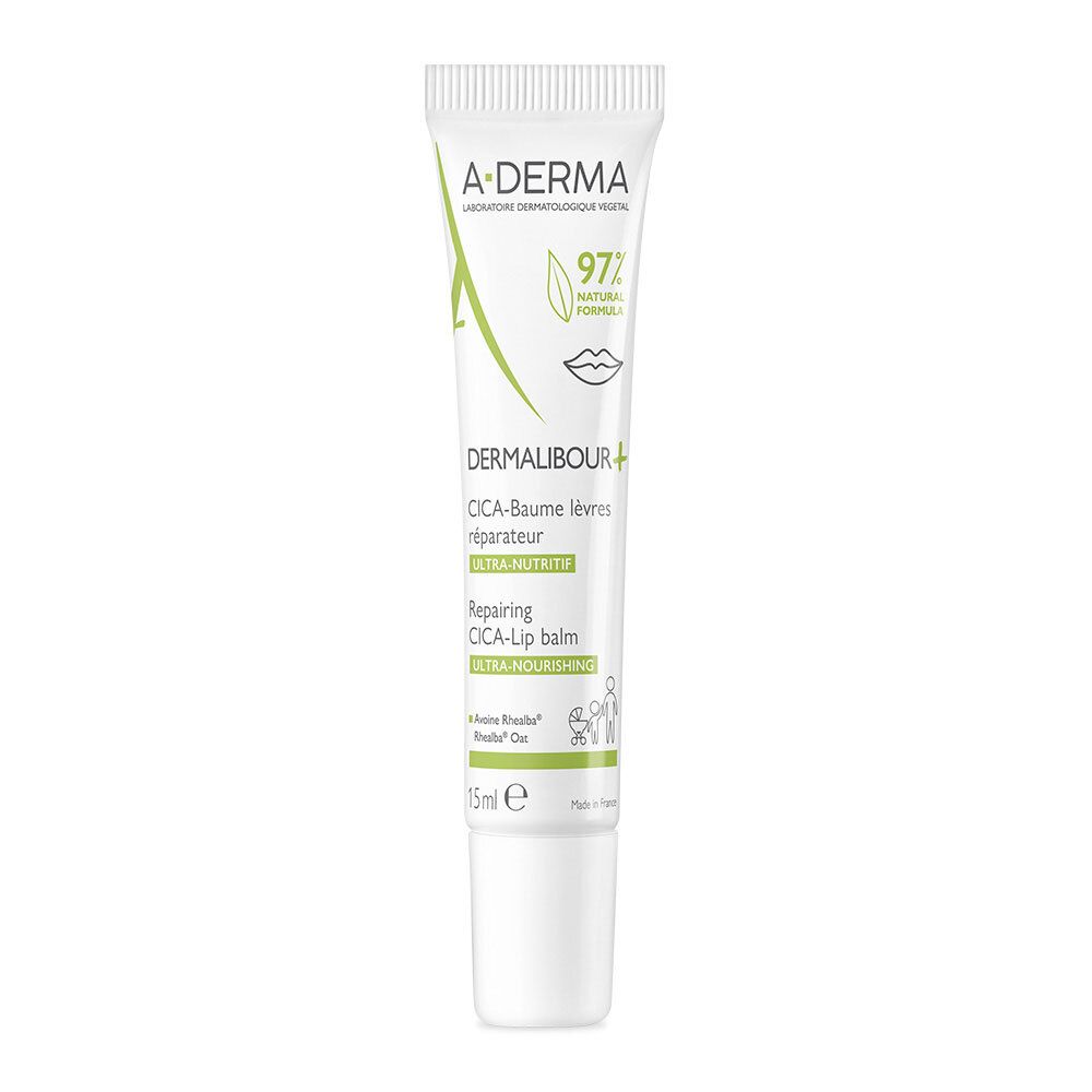 Tube de baume à lèvres A-DERMA Dermalibour+ CICA. Tube blanc avec impression verte. Contient 97% d'ingrédients d'origine naturelle. 15ml.