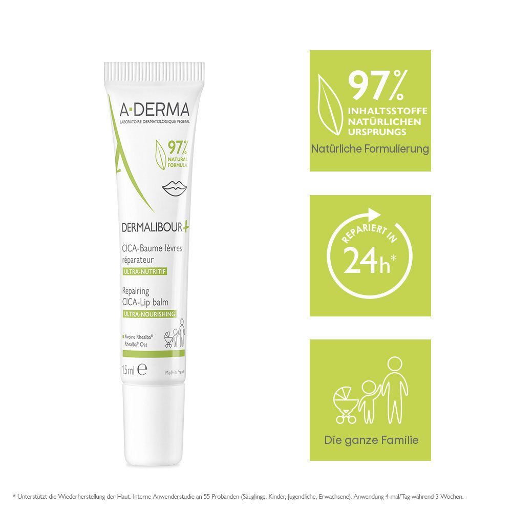 A-DERMA Dermalibour+ CICA Baume à lèvres. Produit et infographies vertes. 97% ingrédients naturels. Répare en 24h. Pour toute la famille.