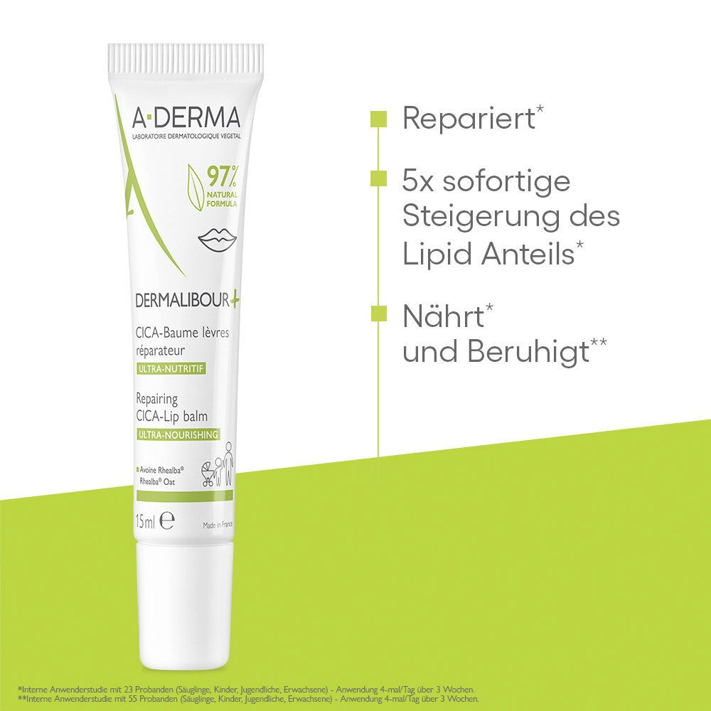 Tube de baume réparateur A-Derma Dermalibour+ Cica pour lèvres, 15ml. Contient 97% d'ingrédients d'origine naturelle.