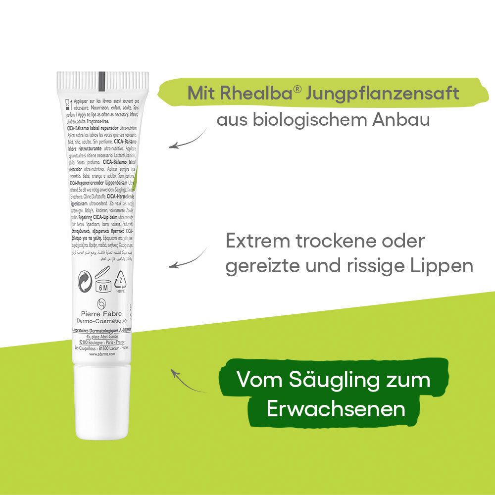 Dos du tube de baume à lèvres A-DERMA Dermalibour+ CICA. Texte informatif. Avec sève de plantules Rhealba. Pour lèvres très sèches.