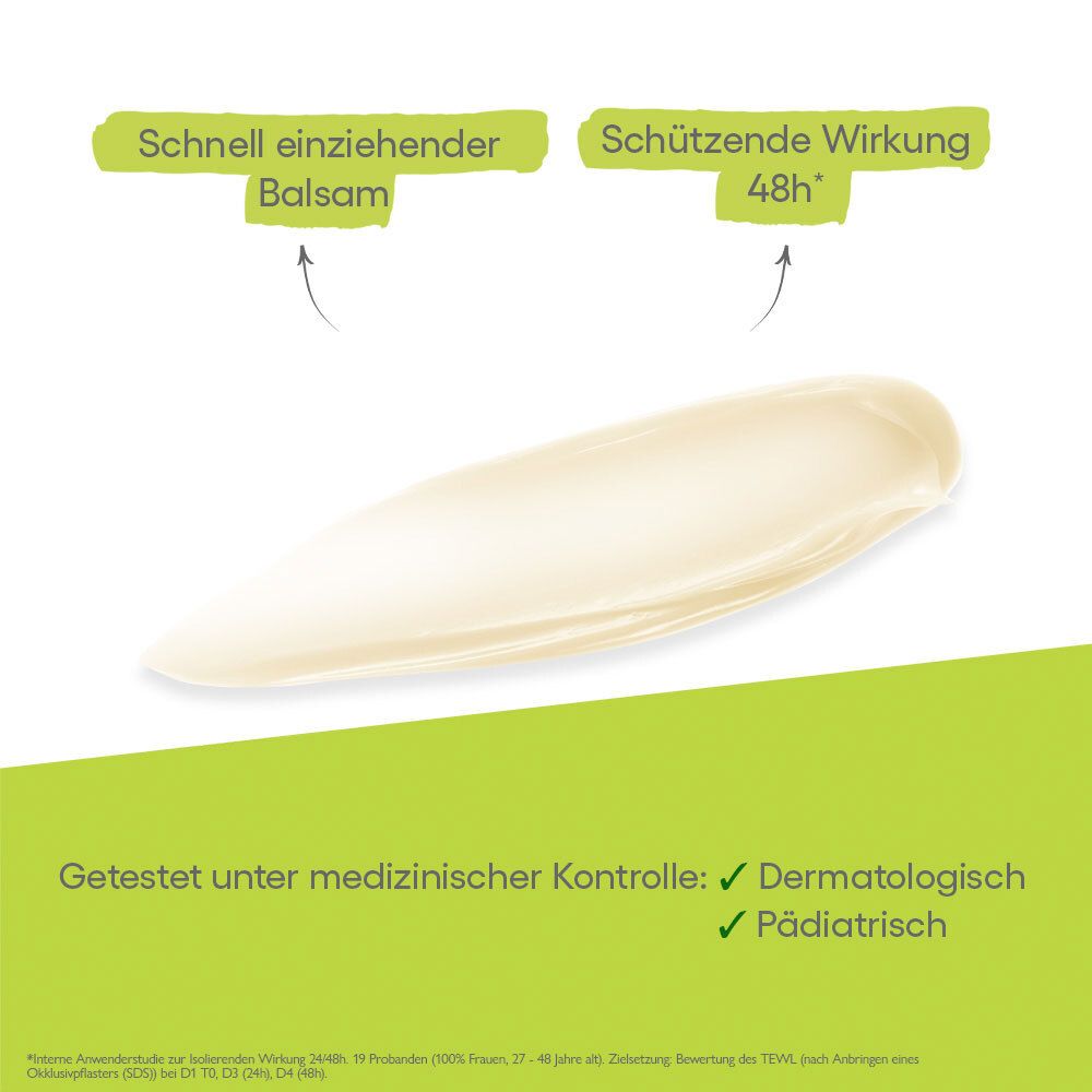 Texture du baume. Absorption rapide. Effet protecteur 48h. Testé sous contrôle médical. Dermatologique et pédiatrique.