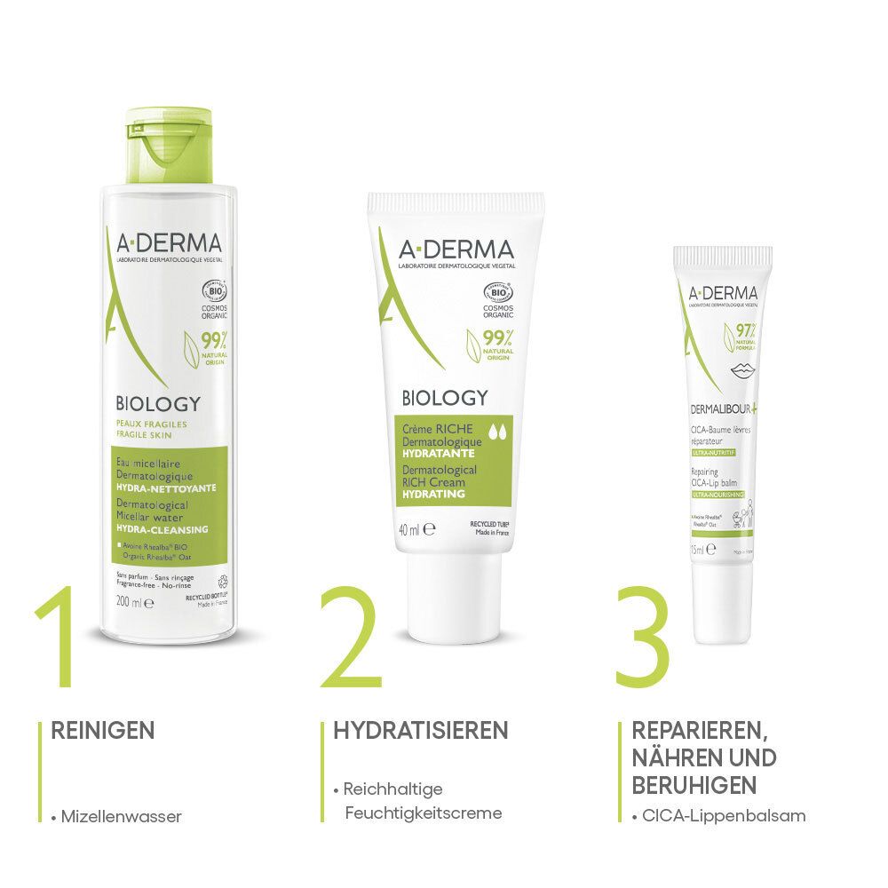 Trois produits A-DERMA. 1: Eau micellaire. 2: Crème hydratante riche. 3: Baume à lèvres CICA. Répare, nourrit et apaise.