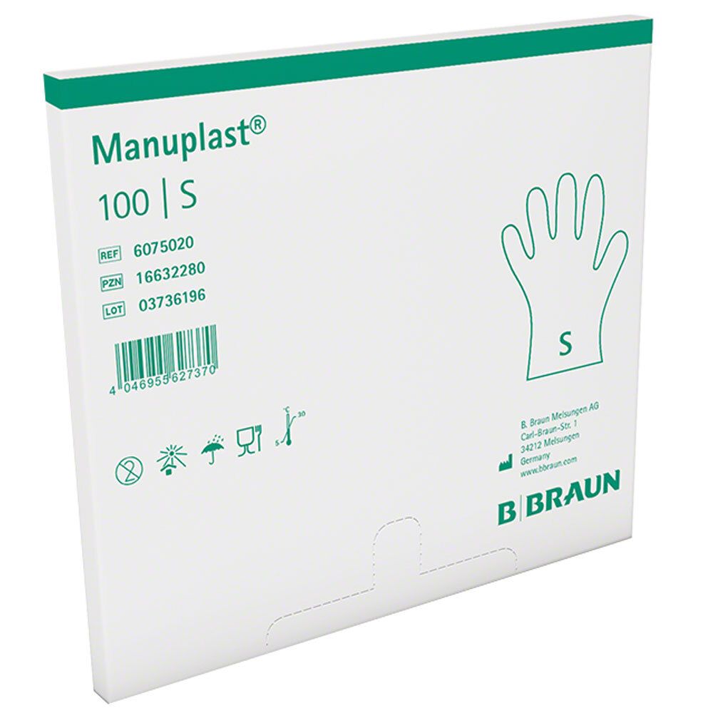 Boîte blanche Manuplast® Gr. S avec liseré vert. Symbole de gant, indication de taille, informations produit et code-barres.