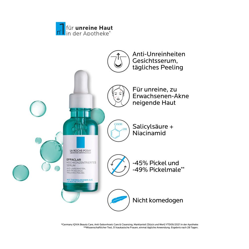 Flacon de sérum avec texte. Pour peaux impures. Anti-imperfections, peeling quotidien. Acide salicylique + Niacinamide.