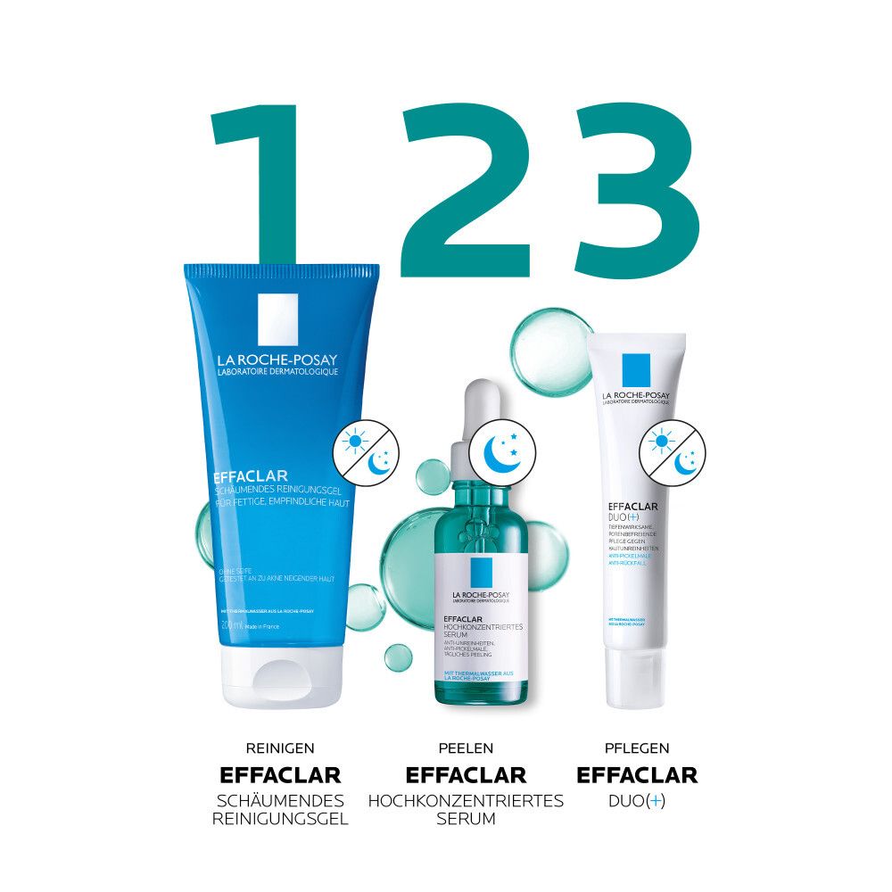 Trois produits : gel nettoyant, sérum, soin. 123. Effaclar. Nettoyer, peler, soigner.