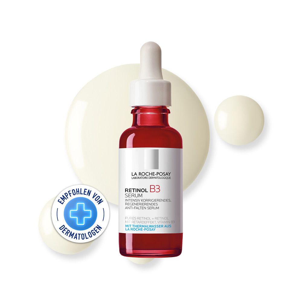 Flacon rouge La Roche-Posay Retinol B3 Serum avec pipette. Recommandé par les dermatologues.