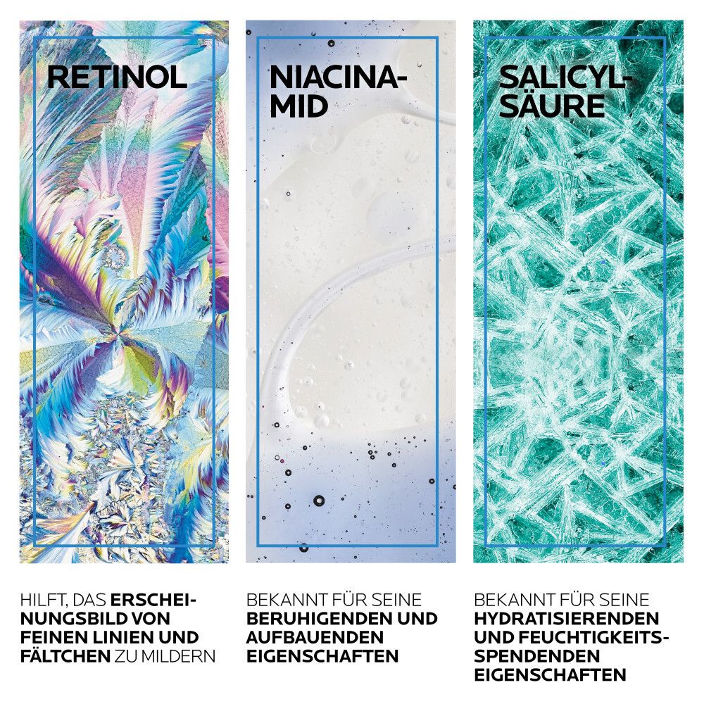 Trois graphiques colorés avec les ingrédients Rétinol, Niacinamide et Acide salicylique.