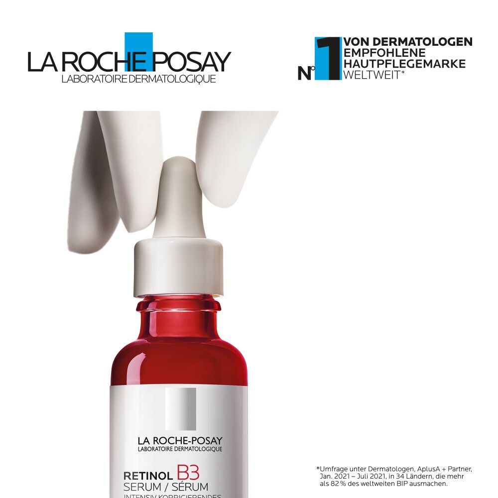 La Roche-Posay Retinol B3 Serum. Logo et texte. Recommandation des dermatologues.