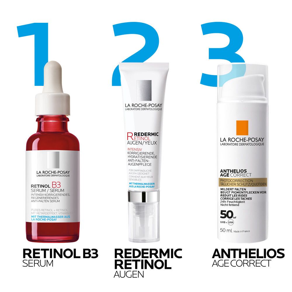 Trois produits : Retinol B3 Serum, Redermic Retinol Yeux, Anthelios Age Correct.