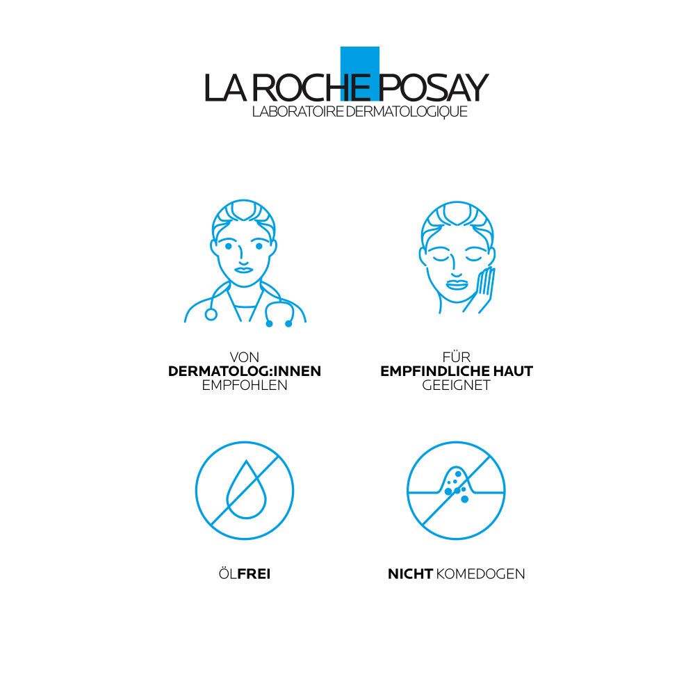 Logo La Roche-Posay. Icônes : Recommandé par les dermatologues, peau sensible, sans huile, non comédogène.
