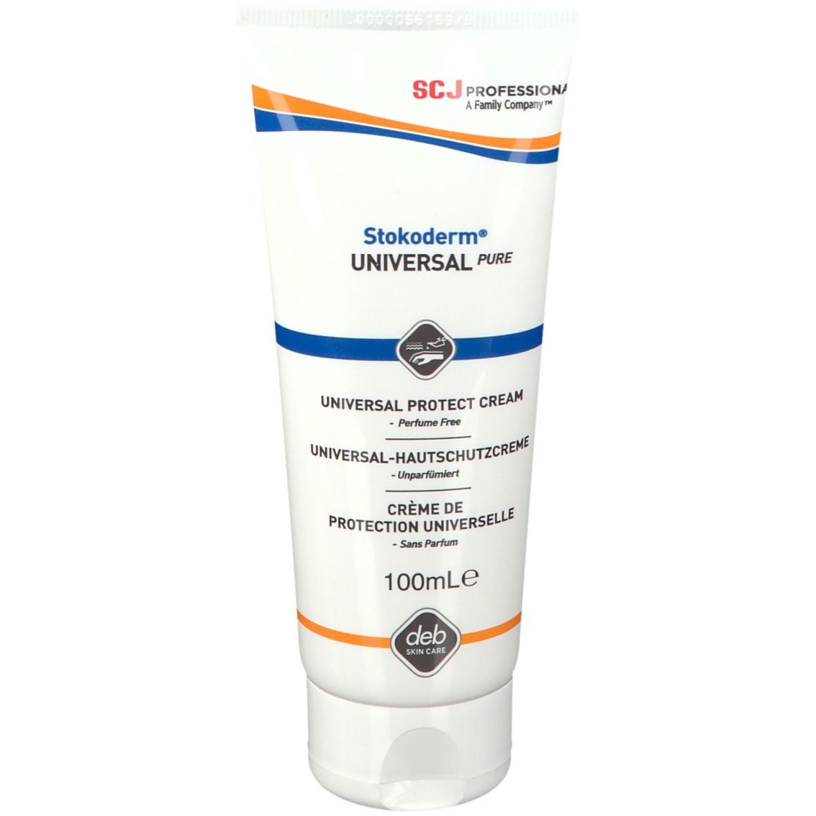 Tube blanche avec bouchon. Inscription: Stokoderm UNIVERSAL PURE. Bandes bleues et blanches. Texte: UNIVERSAL PROTECT CREAM, 100ml.