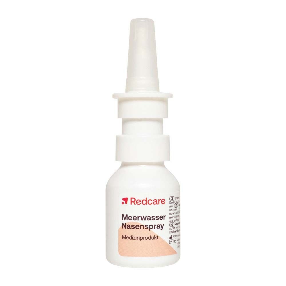 Redcare Meerwasser Nasenspray, witte fles met spraykop. Productnaam en logo op het etiket.