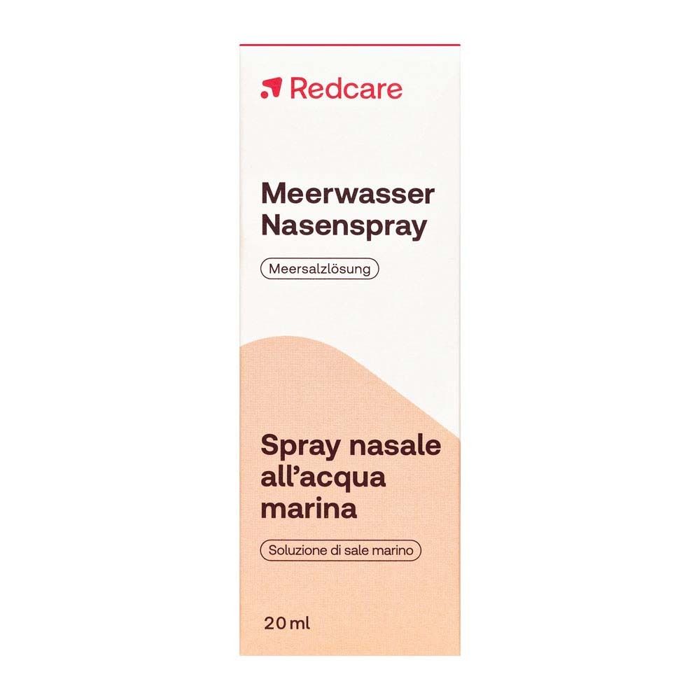 Verpakking van Redcare Meerwasser Nasenspray. Doos met productnaam en informatie.