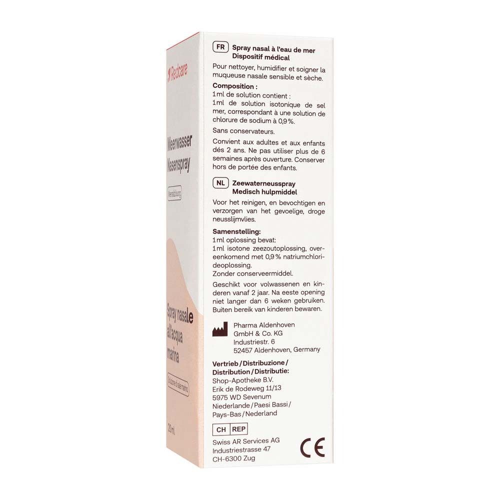 Achterkant van de verpakking van Redcare Meerwasser Nasenspray. Tekst in het Duits, Italiaans, Nederlands en Frans.