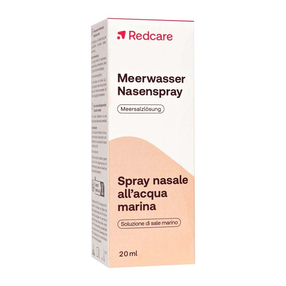 Verpakking van Redcare Meerwasser Nasenspray. Doos met productnaam en informatie.