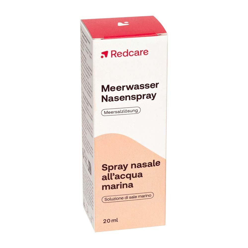 Verpakking van Redcare Meerwasser Nasenspray. Doos met productnaam en informatie.