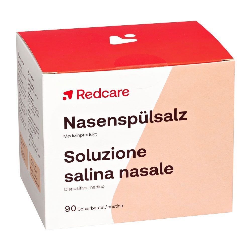 Redcare Nasenspülsalz : Dispositif médical, boîte de 90 sachets, vue en perspective.
