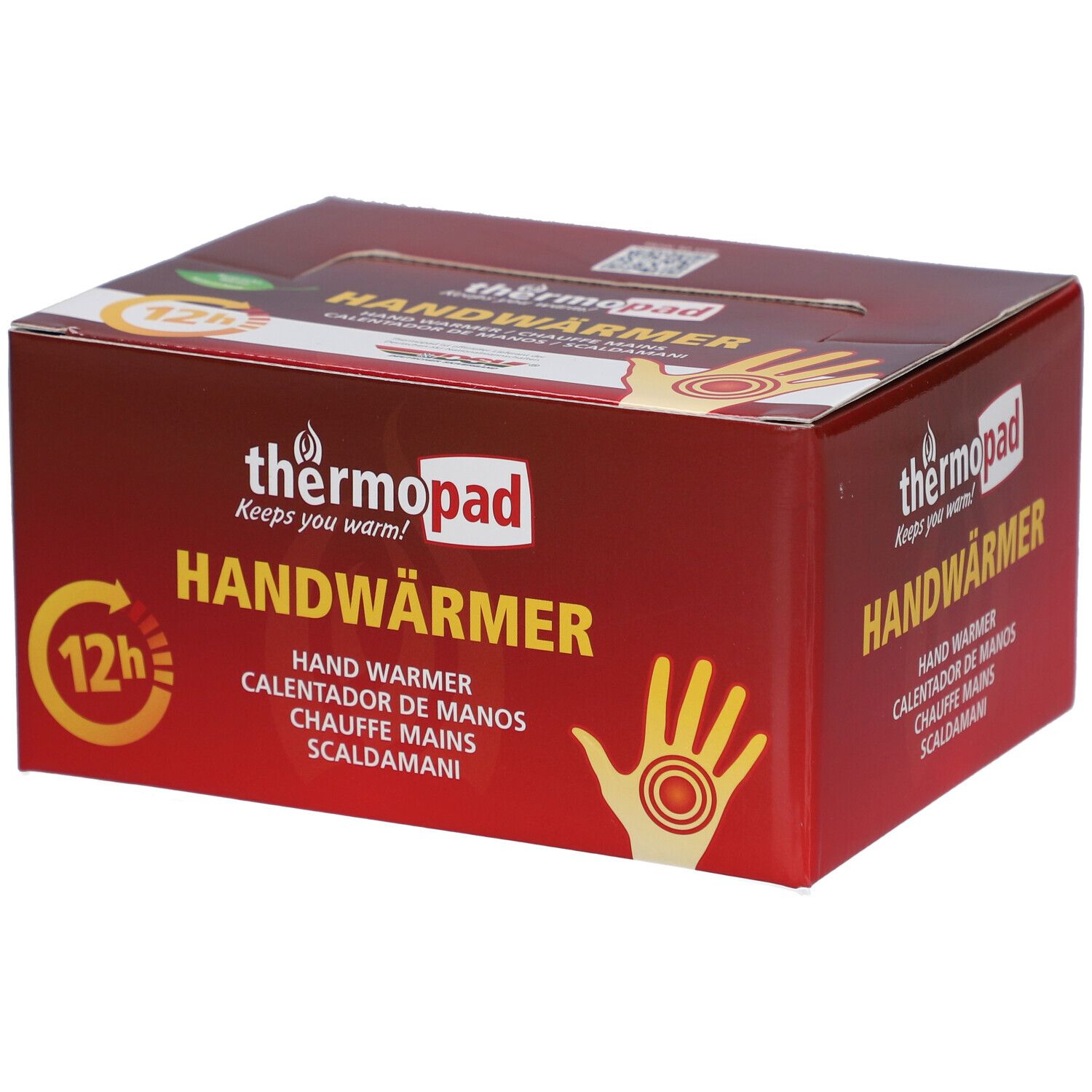 Verpakking van thermopad® Handwärmer. Rode doos met productnaam, handillustratie en 12h-symbool.