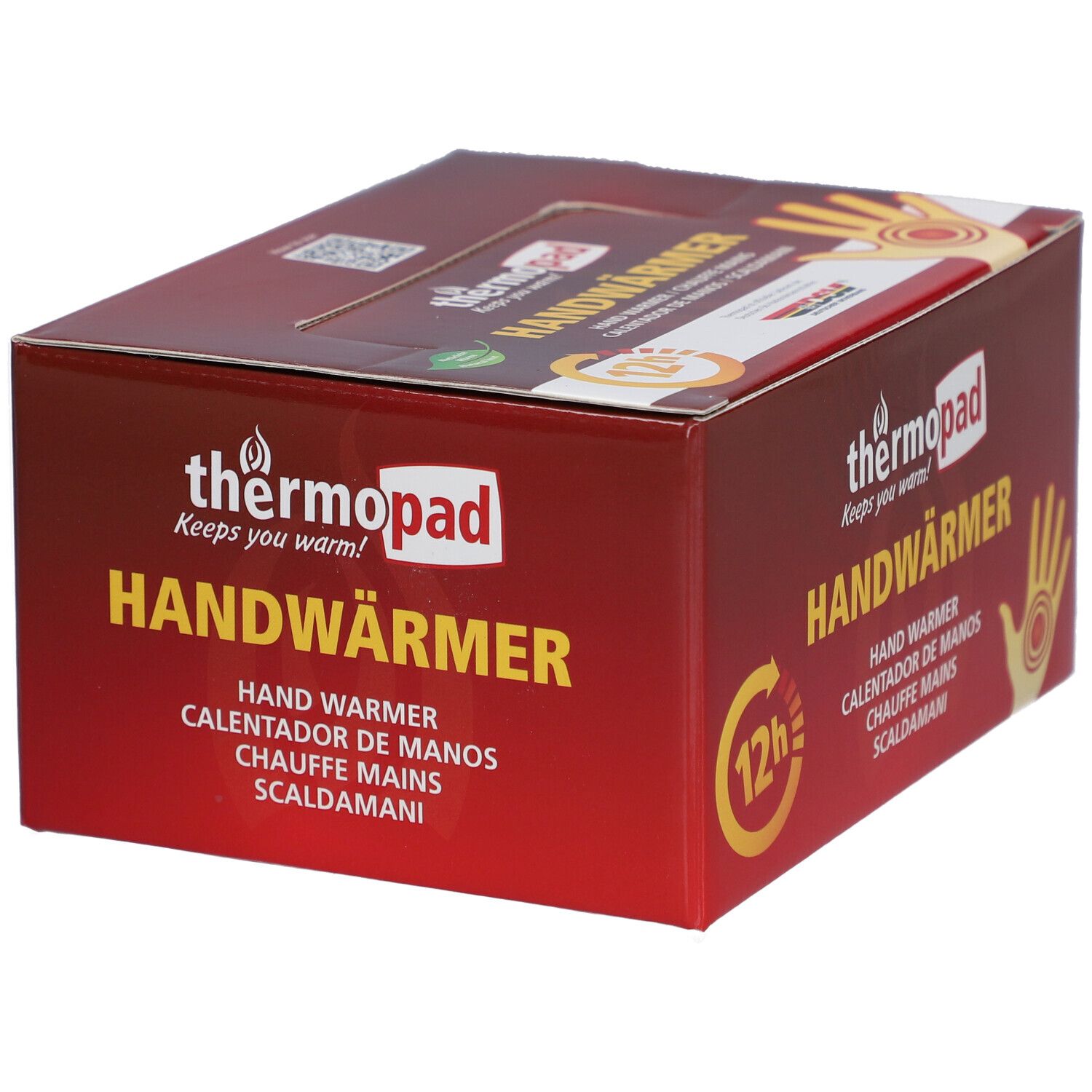 Doos thermopad® Handwärmer. Rode verpakking met productnaam, handillustratie en 12h-symbool.