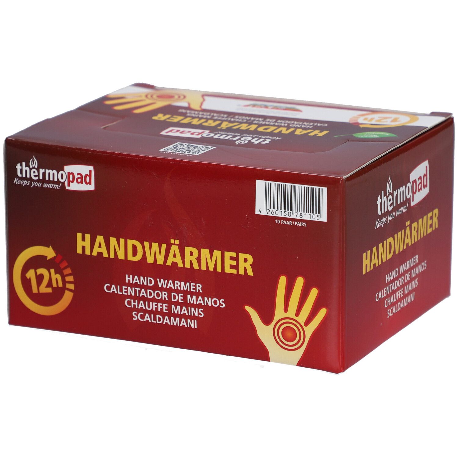 Verpakking van thermopad® Handwärmer. Rode doos met productnaam, handillustratie en 12h-symbool.