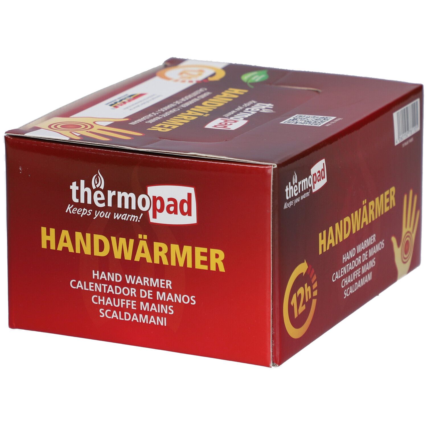 Doos thermopad® Handwärmer. Rode verpakking met productnaam, handillustratie en 12h-symbool.