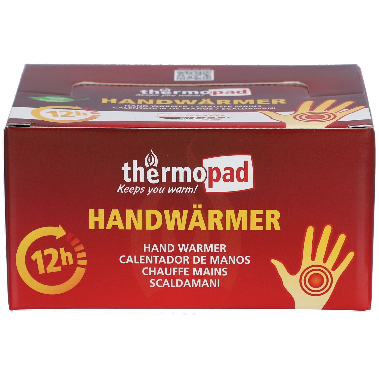 Verpakking van thermopad® Handwärmer. Rode doos met productnaam, handillustratie en 12h-symbool.