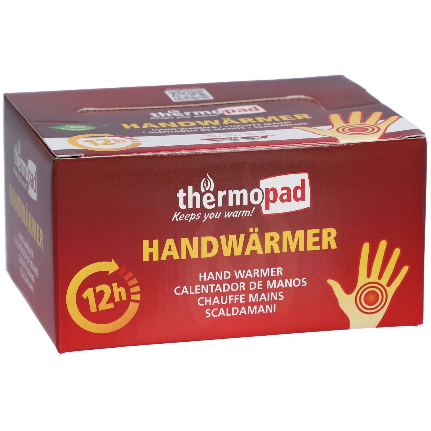 Doos thermopad® Handwärmer. Rode verpakking met productnaam, handillustratie en 12h-symbool.