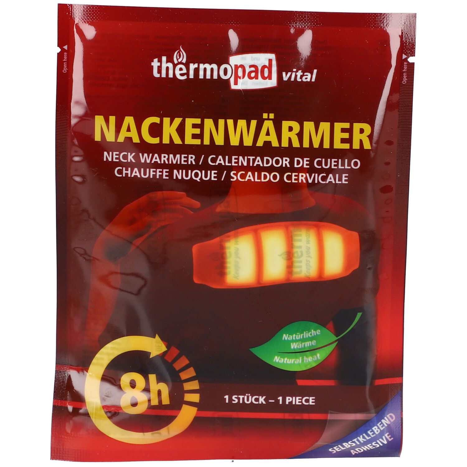 Emballage de chauffe-nuque. Nom du produit et logo visibles. Symbole 8h et "1 pièce".