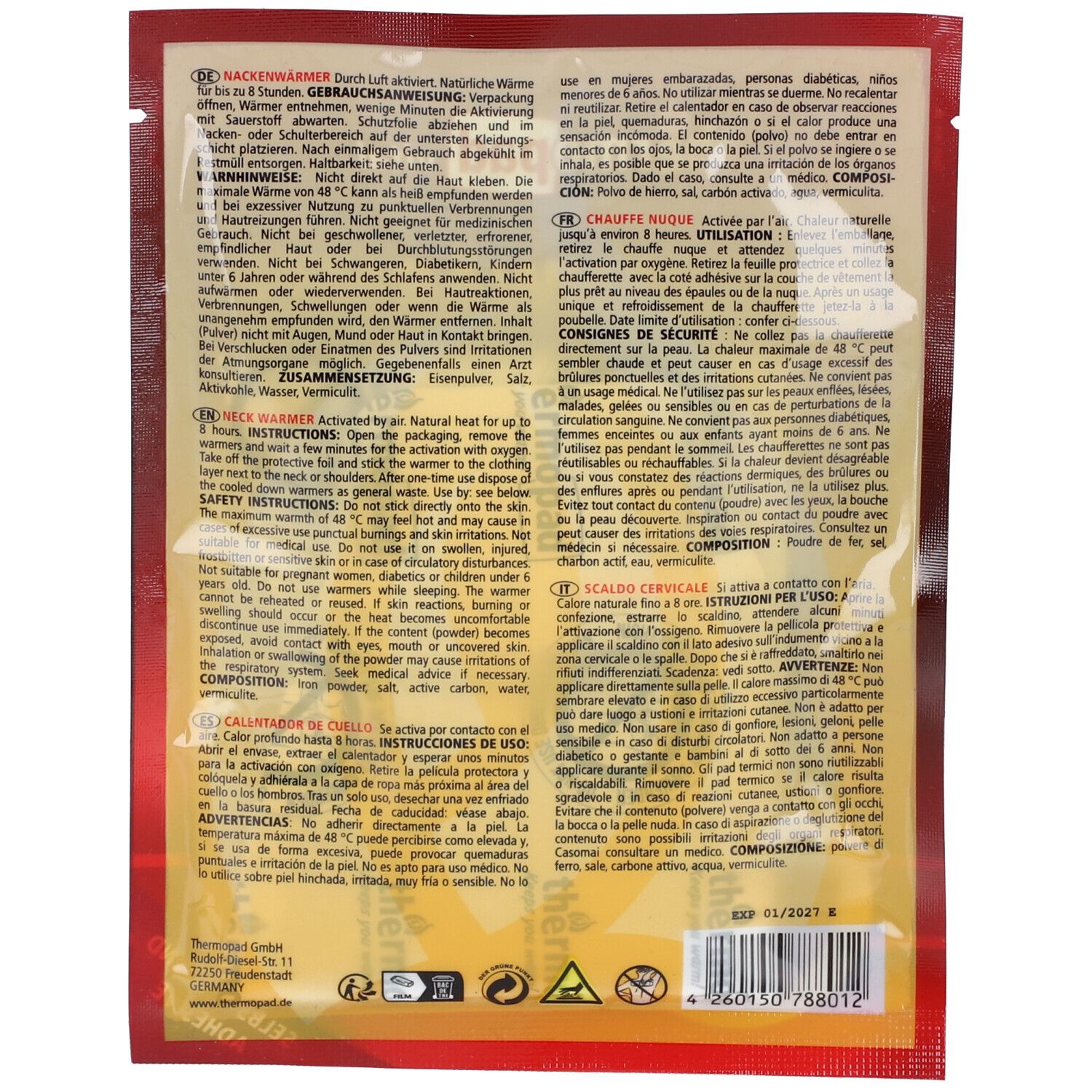 Dos de l'emballage avec texte multilingue. Contient des instructions et des ingrédients.