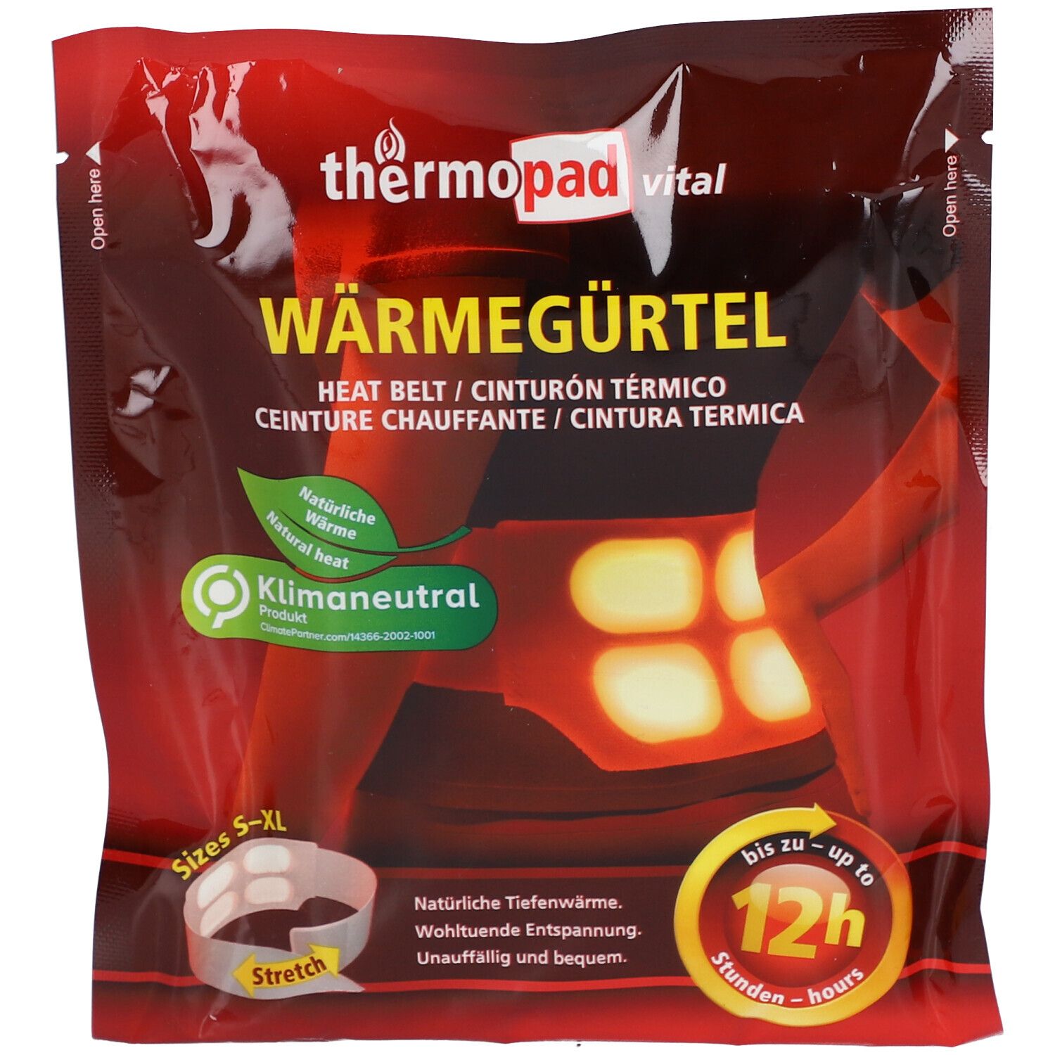 Ceinture chauffante dans son emballage. Emballage rouge avec image du produit. Texte : "thermopad vital", "Wärmegürtel", "Klimaneutral". Tailles S-XL.