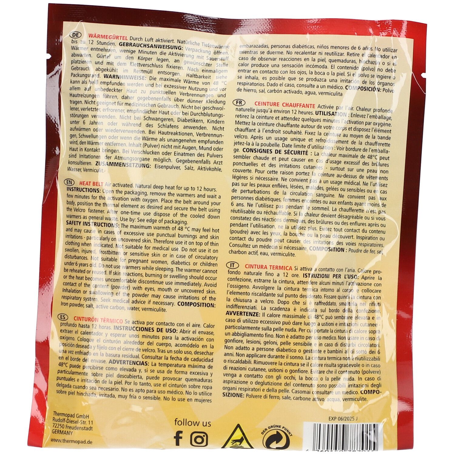 Dos de l'emballage. Texte multilingue. Contient des informations d'utilisation et de sécurité. Marque : thermopad.