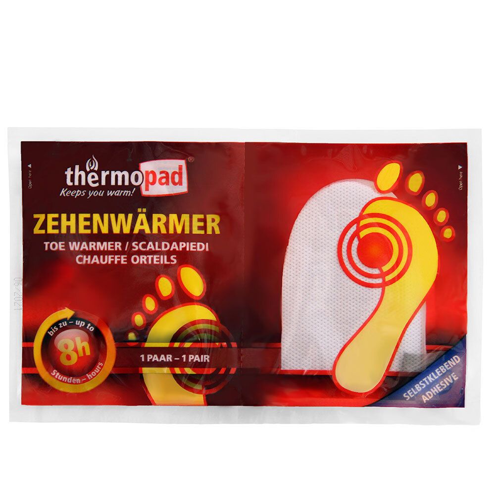 Emballage thermopad® chauffe-orteils. Rouge, avec nom du produit, illustration de pied et jusqu'à 8 heures de chaleur. Auto-adhésif.