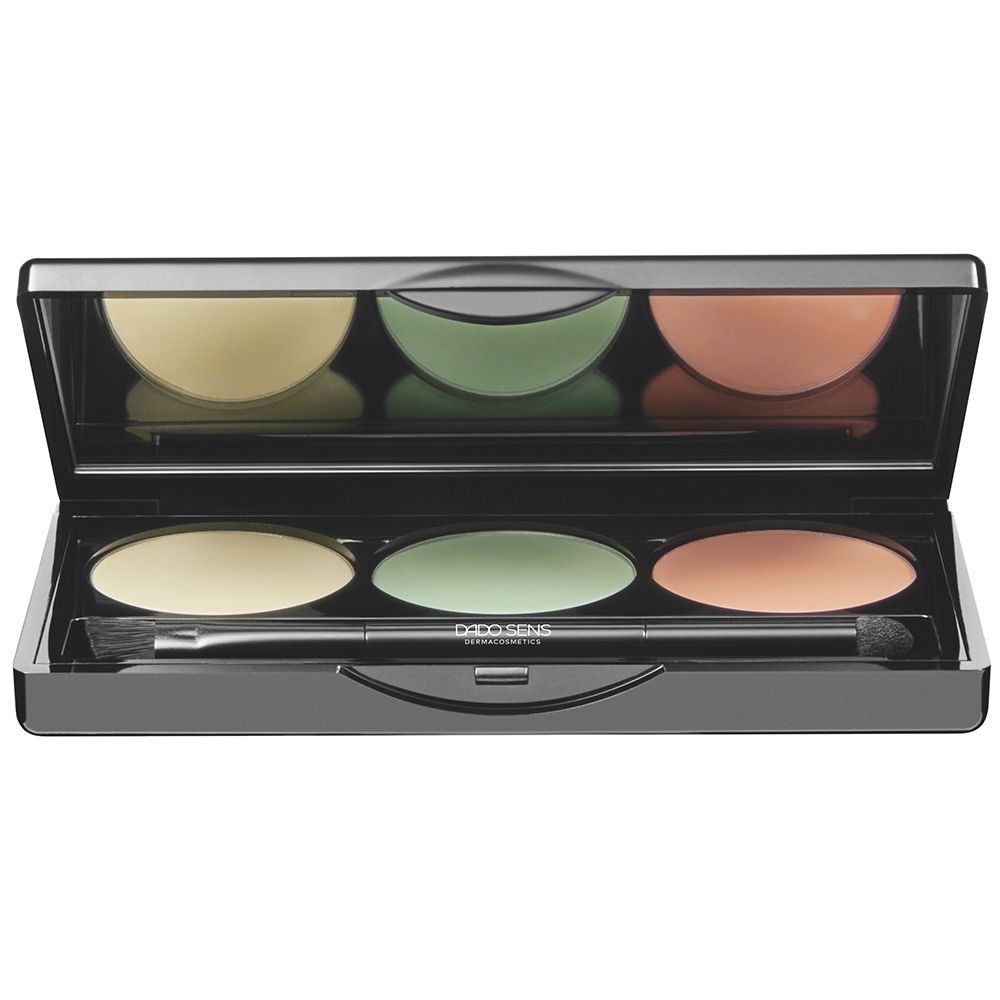 Palette de correcteurs DADO SENS. Contient trois teintes : jaune, vert et corail. Avec miroir et applicateur.